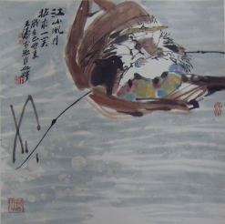 王涛 《钓鱼翁图 》轴 68x68cm