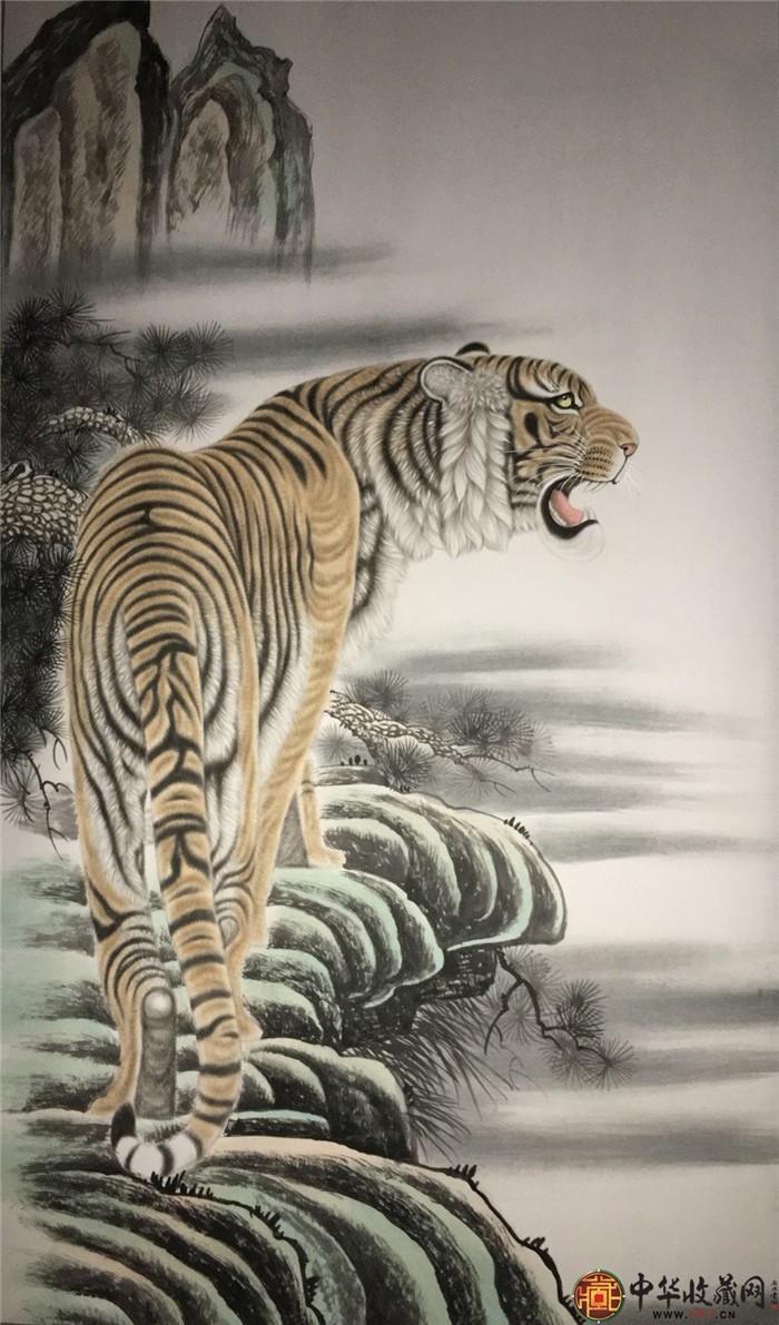 王朋动物国画作品《上山虎》