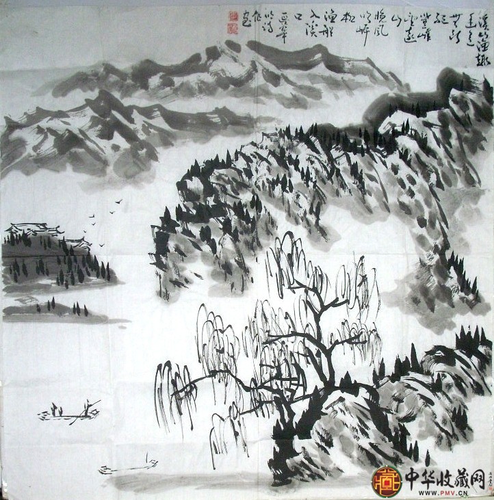 李延华山水国画作品《溪山渔趣》 68*68