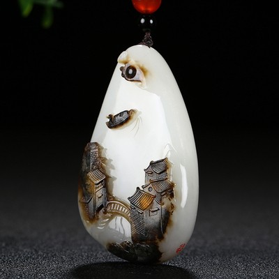 【玉乡精选】庞建伟作品和田玉白玉山水挂件吊坠67.11g  