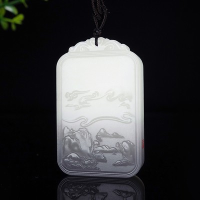 和田玉白玉烟青【江山如画】山水挂件吊坠31.90g 