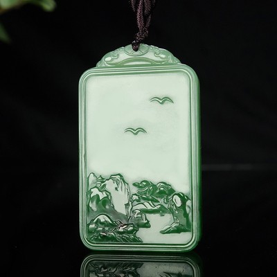 魏后选工作室出品和田玉碧玉【山水之间】牌子挂件吊坠28.45g 
