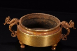 旧藏 铜鎏金双龙耳香炉，